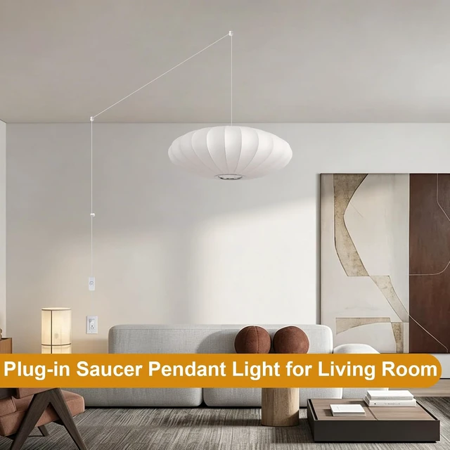 Alt view image 6 of 7 - 20in Plug in Pendant Light Lantern, White Imitation Silk 3-Light