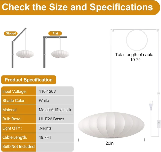 Alt view image 7 of 7 - 20in Plug in Pendant Light Lantern, White Imitation Silk 3-Light