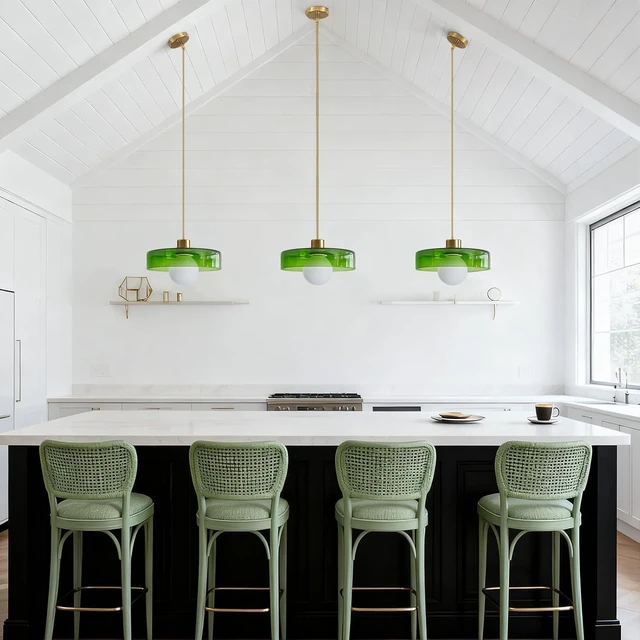 Alt view image 4 of 7 - Pendant Lights Kitchen Island: Mid-Century Modern Hanging Light Fixture - Glass Pendant Lamp for Entryway Dining Room Over Table Bedside (Green, 25cm/9.84inch)