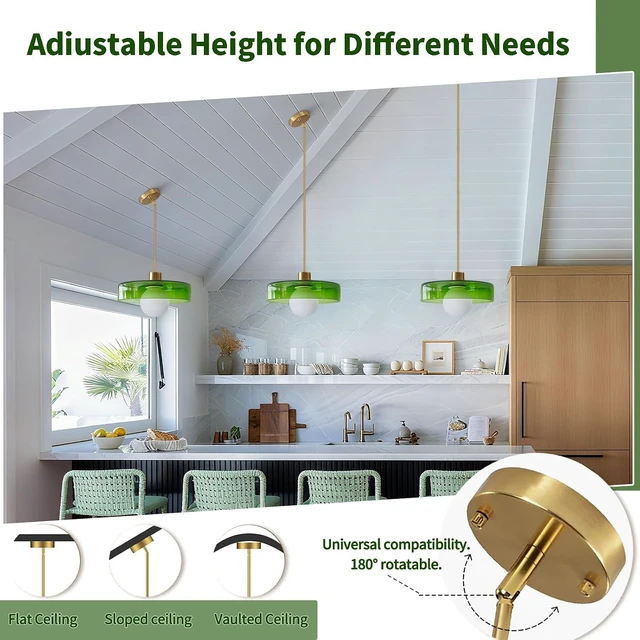 Alt view image 5 of 7 - Pendant Lights Kitchen Island: Mid-Century Modern Hanging Light Fixture - Glass Pendant Lamp for Entryway Dining Room Over Table Bedside (Green, 25cm/9.84inch)