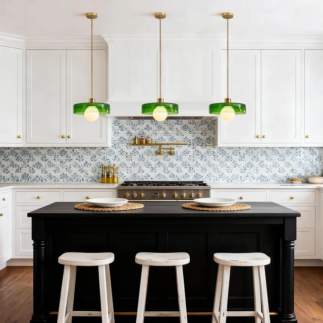 Alt view image 3 of 7 - Pendant Lights Kitchen Island: Mid-Century Modern Hanging Light Fixture - Glass Pendant Lamp for Entryway Dining Room Over Table Bedside (Green, 25cm/9.84inch)