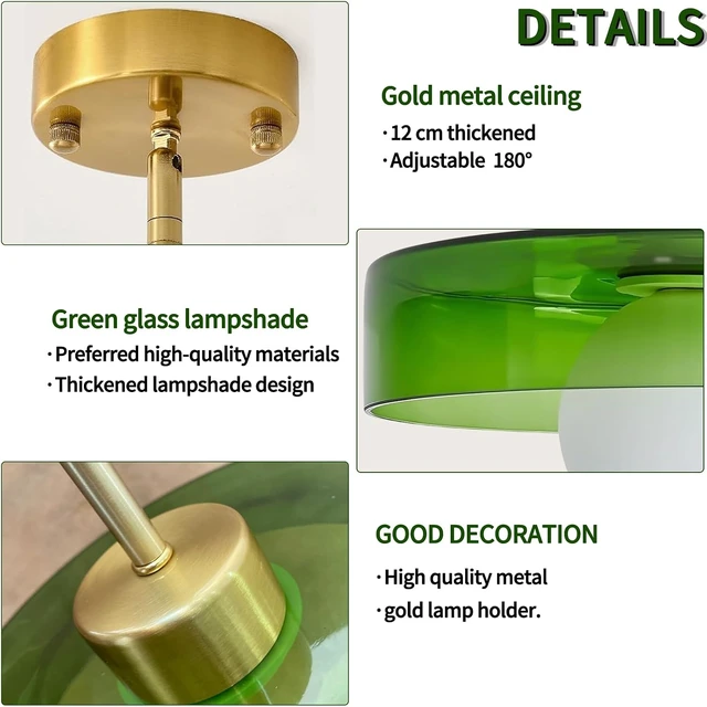 Alt view image 6 of 7 - Pendant Lights Kitchen Island: Mid-Century Modern Hanging Light Fixture - Glass Pendant Lamp for Entryway Dining Room Over Table Bedside (Green, 25cm/9.84inch)