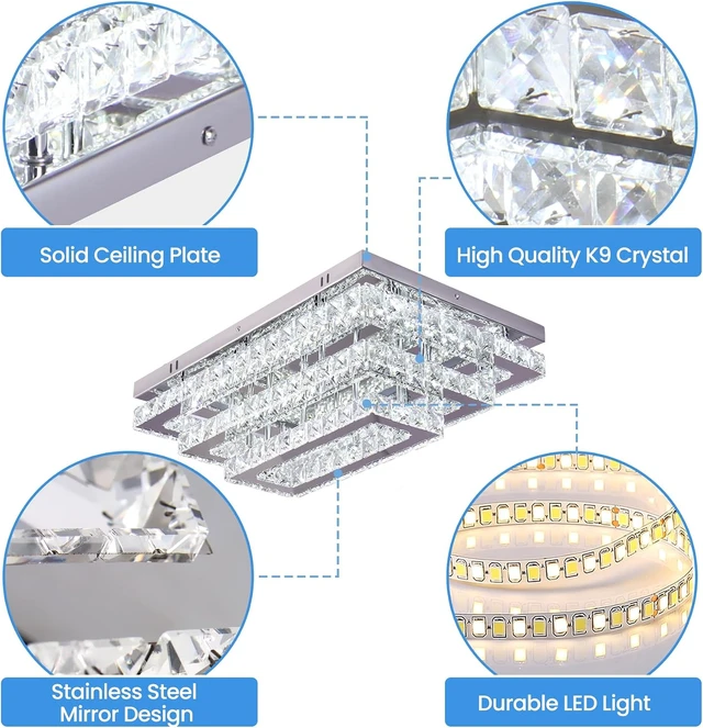 Alt view image 6 of 7 - 20" Rectangular Crystal Chandelier, Dimmable LED Flush Mount Ceiling Light
