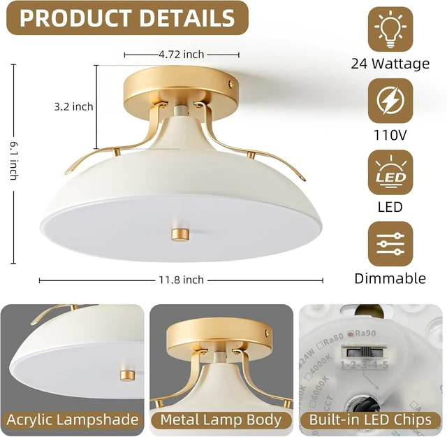 Alt view image 4 of 7 - OKELI Dimmable LED Ceiling Light Fixture, 5CCT 2700K6000K Modern Semi Flush Mount Ceiling Light, 24W White Gold Close to Ceiling Lamp for Kitchen Bedroom Hallway Entryway Laundry Room, 11.8 Inch