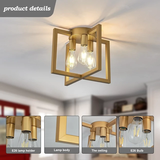 Alt view image 3 of 7 - ZGLAOJT 3-Lights Ceiling Light Fixture,Modern Gold Semi Flush Mount Chandelier,Matte Ceiling Lighting for Kitchen Living Room Bedroom Farmhouse Hallway Foyer.