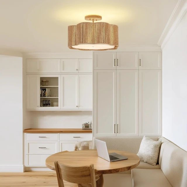 Alt view image 5 of 7 - 18 Inch Rattan Flush Mount Ceiling Lights 3 Lights Boho Farmhouse Ceiling Light Fixtures Wicker Hand Woven Light Fixtures for Dining Room Kitchen Bedroom Foyer Hallway Entryway