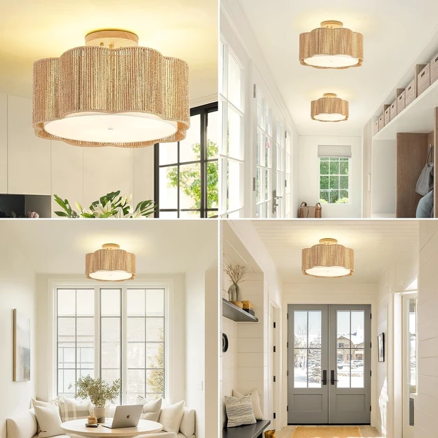 Alt view image 6 of 7 - 18 Inch Rattan Flush Mount Ceiling Lights 3 Lights Boho Farmhouse Ceiling Light Fixtures Wicker Hand Woven Light Fixtures for Dining Room Kitchen Bedroom Foyer Hallway Entryway