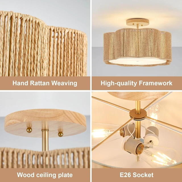 Alt view image 4 of 7 - 18 Inch Rattan Flush Mount Ceiling Lights 3 Lights Boho Farmhouse Ceiling Light Fixtures Wicker Hand Woven Light Fixtures for Dining Room Kitchen Bedroom Foyer Hallway Entryway