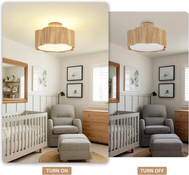 Alt view image 3 of 7 - 18 Inch Rattan Flush Mount Ceiling Lights 3 Lights Boho Farmhouse Ceiling Light Fixtures Wicker Hand Woven Light Fixtures for Dining Room Kitchen Bedroom Foyer Hallway Entryway