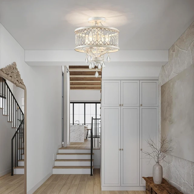 Alt view image 2 of 7 - Crystal Ceiling Light Fixture, Modern Semi Flush Mount Ceiling Light, Farmhouse Crystal Chandeliers for Dining Room Light Fixture, Hallway Lighting Fixtures for Kitchen Bedroom Bathroom Foyer Entryway