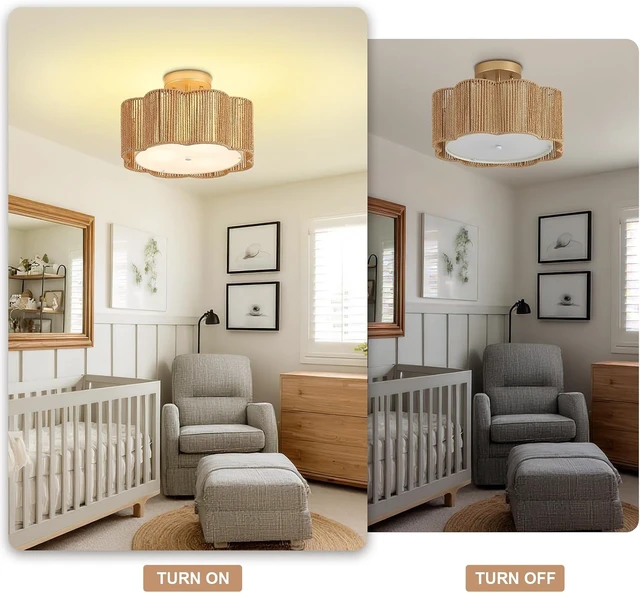 Alt view image 3 of 7 - 13 Inch Rattan Flush Mount Ceiling Lights 3 Lights Boho Farmhouse Ceiling Light Fixtures Wicker Hand Woven Light Fixtures for Dining Room Kitchen Bedroom Foyer Hallway Entryway