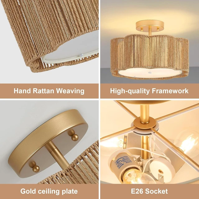 Alt view image 4 of 7 - 13 Inch Rattan Flush Mount Ceiling Lights 3 Lights Boho Farmhouse Ceiling Light Fixtures Wicker Hand Woven Light Fixtures for Dining Room Kitchen Bedroom Foyer Hallway Entryway
