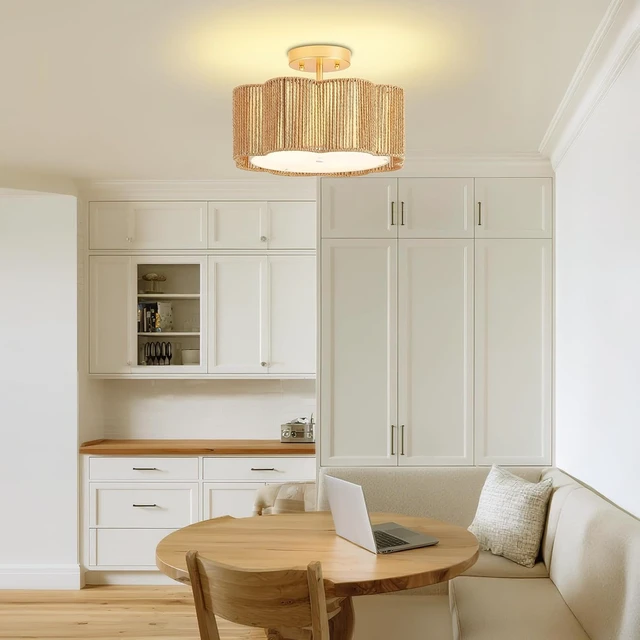 Alt view image 5 of 7 - 13 Inch Rattan Flush Mount Ceiling Lights 3 Lights Boho Farmhouse Ceiling Light Fixtures Wicker Hand Woven Light Fixtures for Dining Room Kitchen Bedroom Foyer Hallway Entryway