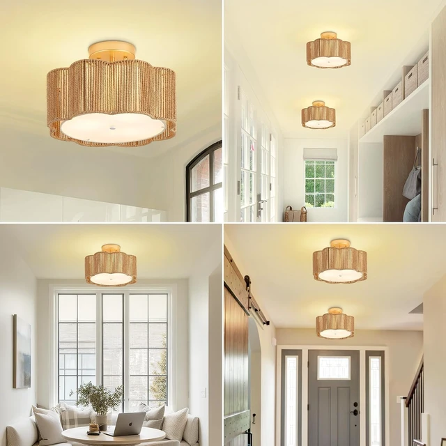 Alt view image 6 of 7 - 13 Inch Rattan Flush Mount Ceiling Lights 3 Lights Boho Farmhouse Ceiling Light Fixtures Wicker Hand Woven Light Fixtures for Dining Room Kitchen Bedroom Foyer Hallway Entryway