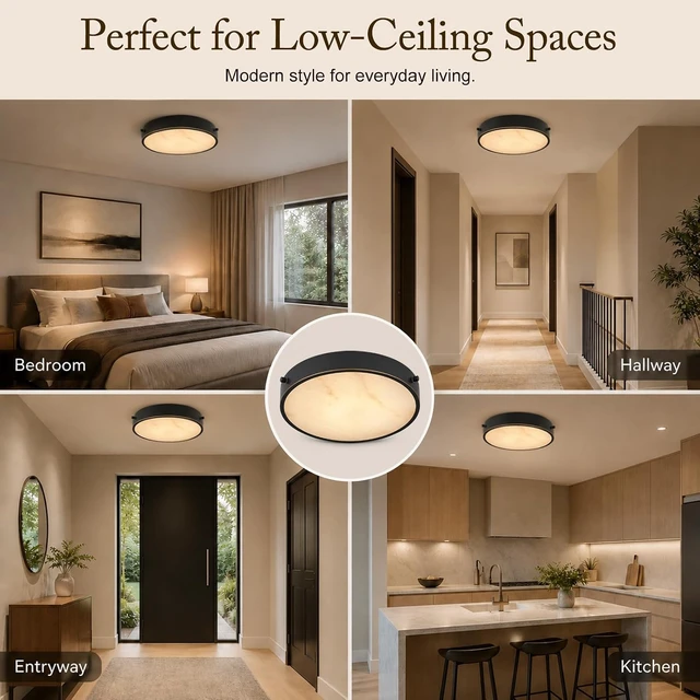 Alt view image 5 of 7 - 12-Inch Alabaster Flush-Mount Ceiling Light with Remote, Modern Black Spanish Marble LED Ceiling Light Fixture, ETL Listed, Stepless Dimmable 2700K5000K with Memory for Bedrooms and Hallways
