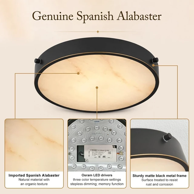 Alt view image 2 of 7 - 12-Inch Alabaster Flush-Mount Ceiling Light with Remote, Modern Black Spanish Marble LED Ceiling Light Fixture, ETL Listed, Stepless Dimmable 2700K5000K with Memory for Bedrooms and Hallways