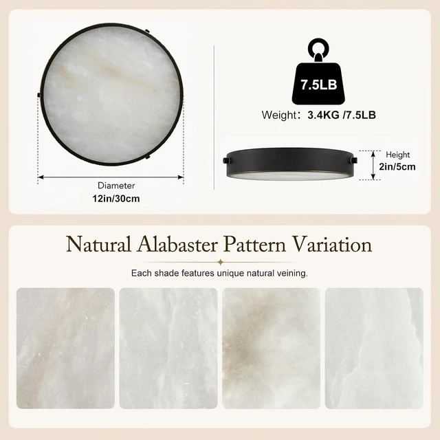 Alt view image 3 of 7 - 12-Inch Alabaster Flush-Mount Ceiling Light with Remote, Modern Black Spanish Marble LED Ceiling Light Fixture, ETL Listed, Stepless Dimmable 2700K5000K with Memory for Bedrooms and Hallways
