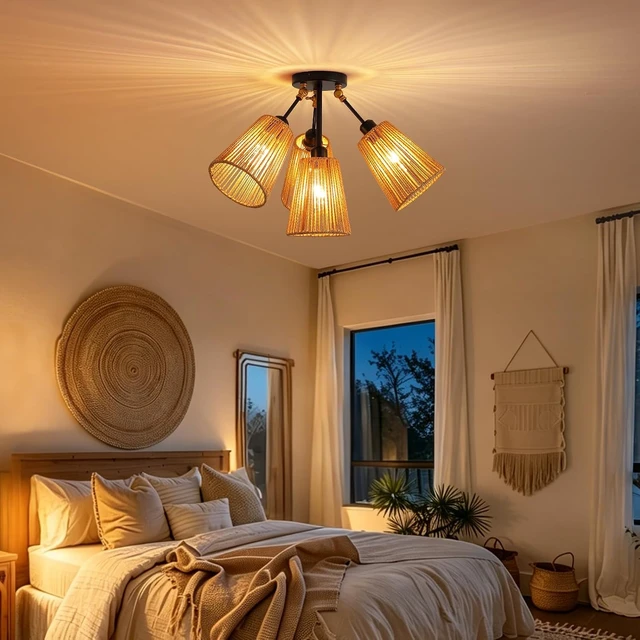 Alt view image 2 of 7 - 4-Light Rattan Ceiling Light, Boho Semi Flush Mount With Adjustable Arms