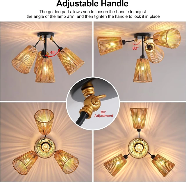 Alt view image 3 of 7 - 4-Light Rattan Ceiling Light, Boho Semi Flush Mount With Adjustable Arms