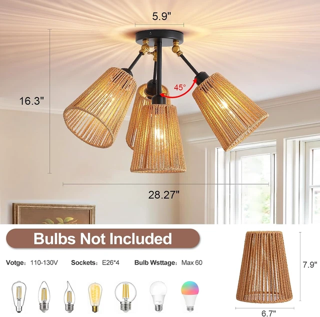 Alt view image 5 of 7 - 4-Light Rattan Ceiling Light, Boho Semi Flush Mount With Adjustable Arms