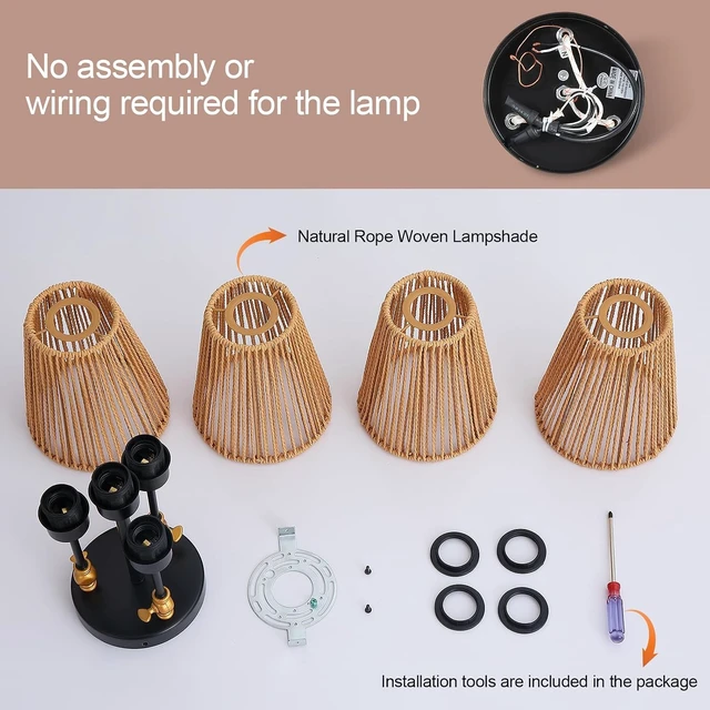 Alt view image 6 of 7 - 4-Light Rattan Ceiling Light, Boho Semi Flush Mount With Adjustable Arms