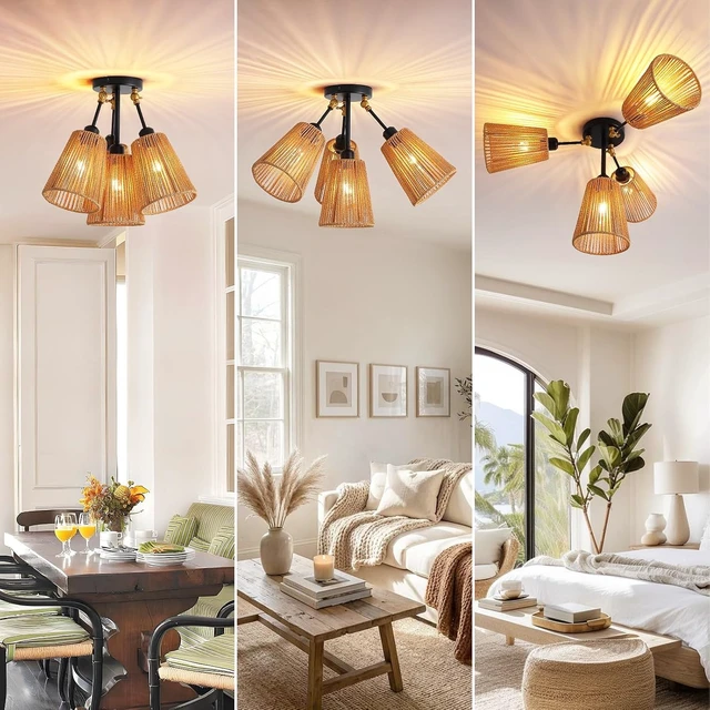 Alt view image 4 of 7 - 4-Light Rattan Ceiling Light, Boho Semi Flush Mount With Adjustable Arms