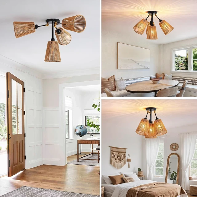 Alt view image 7 of 7 - 4-Light Rattan Ceiling Light, Boho Semi Flush Mount With Adjustable Arms