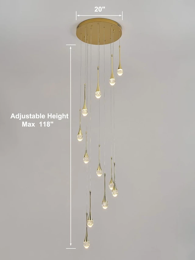 Alt view image 2 of 7 - 12-Light LED Crystal Chandelier for High Ceilings, 20" Modern Gold Pendant Light, Adjustable Height, Dimmable & Color Temperature Adjustable, Remote & App Control for Foyer Staircase Living Room