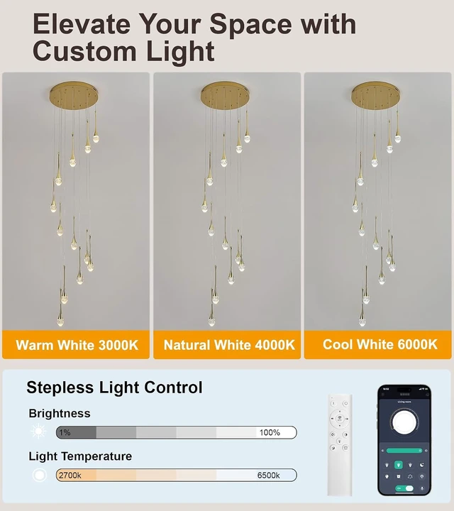 Alt view image 3 of 7 - 12-Light LED Crystal Chandelier for High Ceilings, 20" Modern Gold Pendant Light, Adjustable Height, Dimmable & Color Temperature Adjustable, Remote & App Control for Foyer Staircase Living Room
