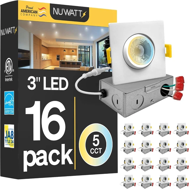 Main image of NUWATT 16 PK 3 Inch Square Gimbal LED Recessed Lights CCT 2700K-5000K, ETL