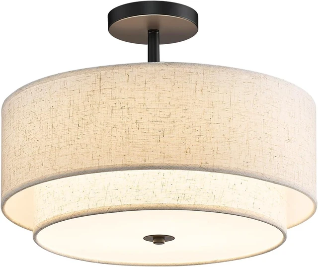 Main image of 16" Semi Flush Mount Ceiling Light,3-Light Double Drum Black Light Fixtures Modern Farmhouse 2-Tier Linen Shade Design for Bedroom, Living Room, Kitchen, Dining Room, Entryway and Hallway
