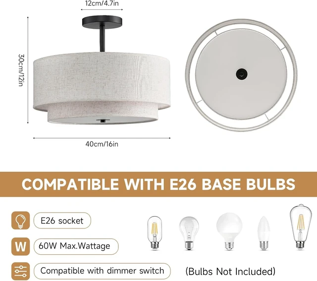 Alt view image 2 of 7 - 16" Semi Flush Mount Ceiling Light,3-Light Double Drum Black Light Fixtures Modern Farmhouse 2-Tier Linen Shade Design for Bedroom, Living Room, Kitchen, Dining Room, Entryway and Hallway