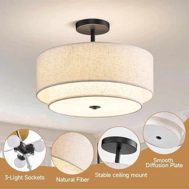 Alt view image 3 of 7 - 16" Semi Flush Mount Ceiling Light,3-Light Double Drum Black Light Fixtures Modern Farmhouse 2-Tier Linen Shade Design for Bedroom, Living Room, Kitchen, Dining Room, Entryway and Hallway