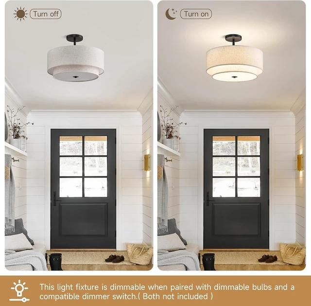 Alt view image 4 of 7 - 16" Semi Flush Mount Ceiling Light,3-Light Double Drum Black Light Fixtures Modern Farmhouse 2-Tier Linen Shade Design for Bedroom, Living Room, Kitchen, Dining Room, Entryway and Hallway