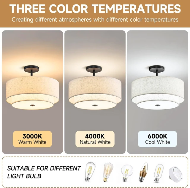 Alt view image 5 of 7 - 16" Semi Flush Mount Ceiling Light,3-Light Double Drum Black Light Fixtures Modern Farmhouse 2-Tier Linen Shade Design for Bedroom, Living Room, Kitchen, Dining Room, Entryway and Hallway
