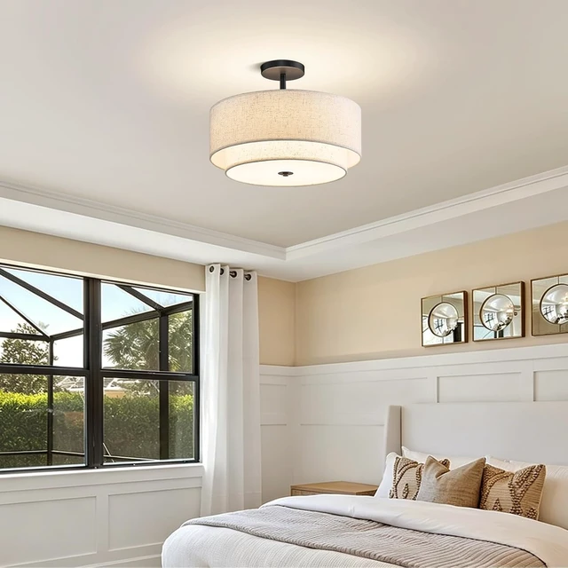 Alt view image 6 of 7 - 16" Semi Flush Mount Ceiling Light,3-Light Double Drum Black Light Fixtures Modern Farmhouse 2-Tier Linen Shade Design for Bedroom, Living Room, Kitchen, Dining Room, Entryway and Hallway