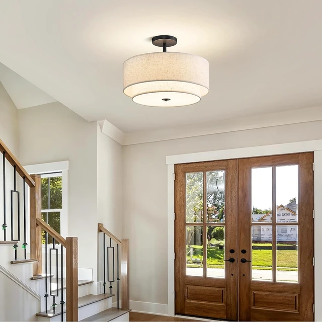 Alt view image 7 of 7 - 16" Semi Flush Mount Ceiling Light,3-Light Double Drum Black Light Fixtures Modern Farmhouse 2-Tier Linen Shade Design for Bedroom, Living Room, Kitchen, Dining Room, Entryway and Hallway