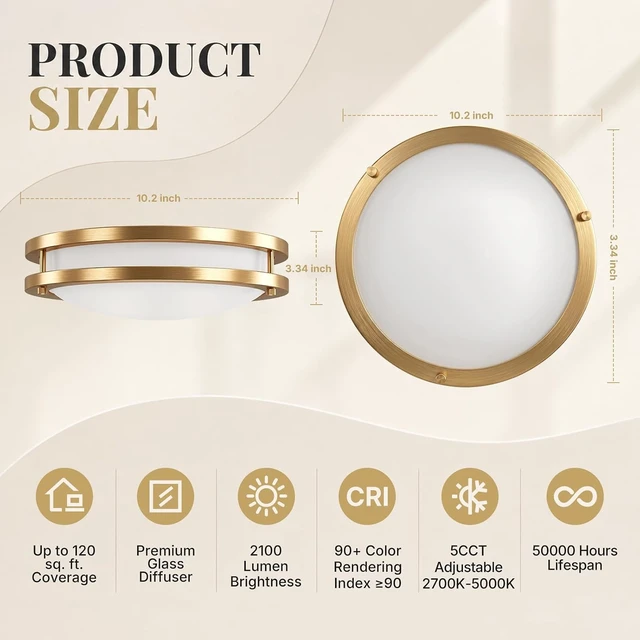 Alt view image 2 of 7 - 10-Inch Gold Flush Mount LED Ceiling Lights with Milk Glass, 5CCT