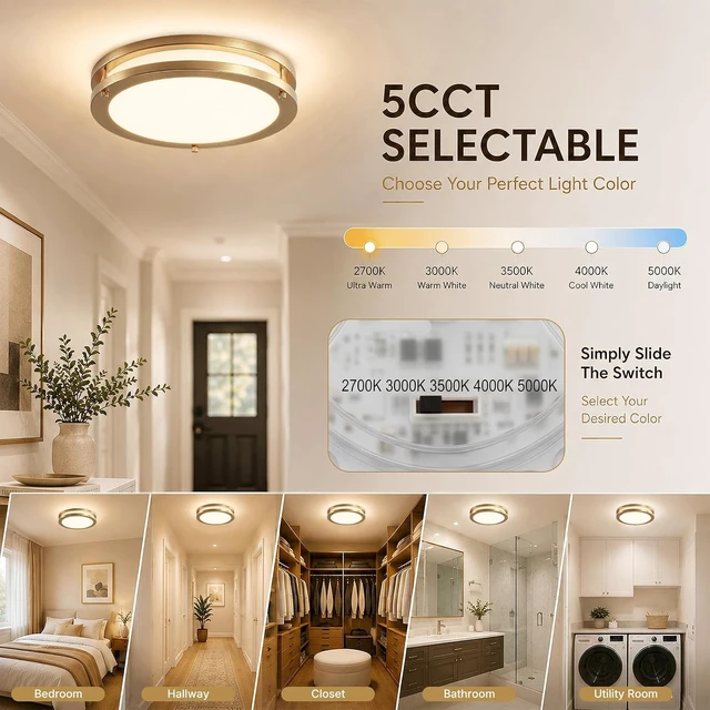 Alt view image 6 of 7 - 10-Inch Gold Flush Mount LED Ceiling Lights with Milk Glass, 5CCT