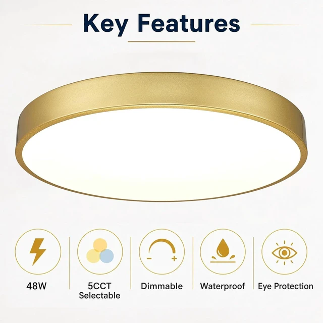 Alt view image 3 of 7 - 20 Inch Gold LED Flush Mount Ceiling Light, 48W 5CCT Dimmable Ceiling Light Fixture for Kitchen Lighting Fixtures Ceiling, Bedroom & Living Room