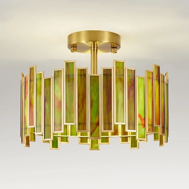 Main image of 12.6" Tiffany Stained Glass Green Art Deco Semi Flush Ceiling Light