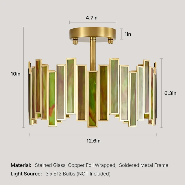 Alt view image 5 of 7 - 12.6" Tiffany Stained Glass Green Art Deco Semi Flush Ceiling Light