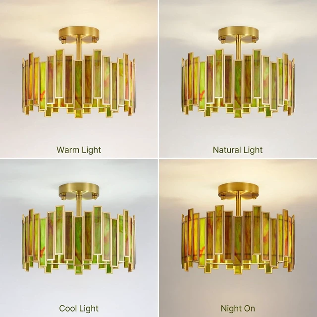 Alt view image 6 of 7 - 12.6" Tiffany Stained Glass Green Art Deco Semi Flush Ceiling Light