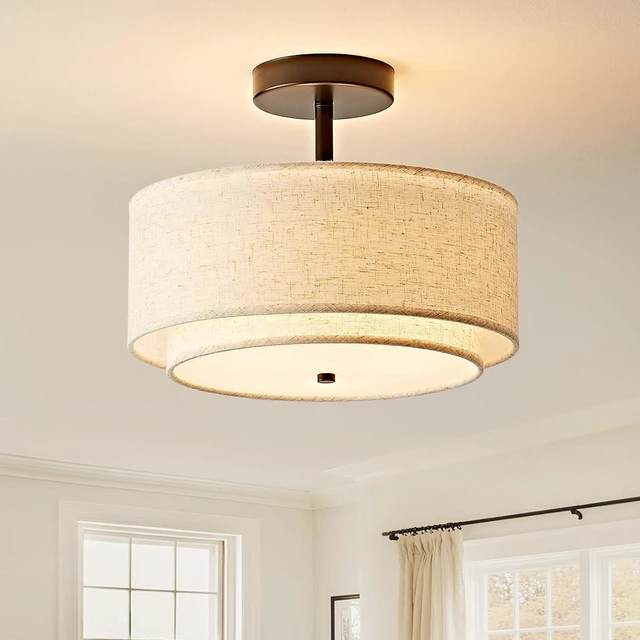 Main image of 12.6'' Drum Semi Flush Mount Ceiling Light, 3-Light Fabric Linen Shade Design Farmhouse Black Light Fixture for Living Room, Bedroom, Kitchen, Dining Room, Entryway, Hallway