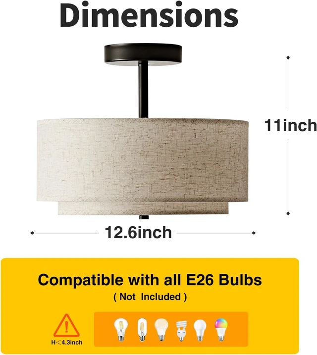 Alt view image 2 of 7 - 12.6'' Drum Semi Flush Mount Ceiling Light, 3-Light Fabric Linen Shade Design Farmhouse Black Light Fixture for Living Room, Bedroom, Kitchen, Dining Room, Entryway, Hallway