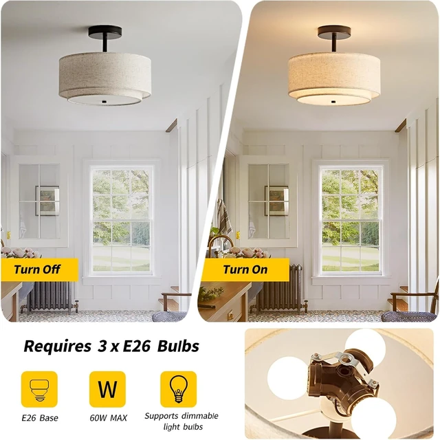 Alt view image 3 of 7 - 12.6'' Drum Semi Flush Mount Ceiling Light, 3-Light Fabric Linen Shade Design Farmhouse Black Light Fixture for Living Room, Bedroom, Kitchen, Dining Room, Entryway, Hallway