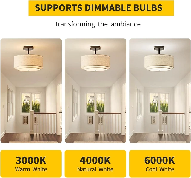 Alt view image 4 of 7 - 12.6'' Drum Semi Flush Mount Ceiling Light, 3-Light Fabric Linen Shade Design Farmhouse Black Light Fixture for Living Room, Bedroom, Kitchen, Dining Room, Entryway, Hallway