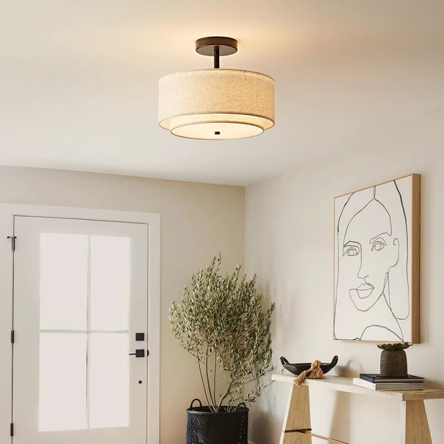 Alt view image 7 of 7 - 12.6'' Drum Semi Flush Mount Ceiling Light, 3-Light Fabric Linen Shade Design Farmhouse Black Light Fixture for Living Room, Bedroom, Kitchen, Dining Room, Entryway, Hallway