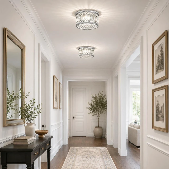 Alt view image 3 of 7 - Modern Crystal Ceiling Light, 2-Light Chrome Flush Mount Light Fixture