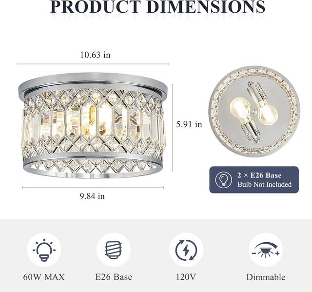 Alt view image 4 of 7 - Modern Crystal Ceiling Light, 2-Light Chrome Flush Mount Light Fixture